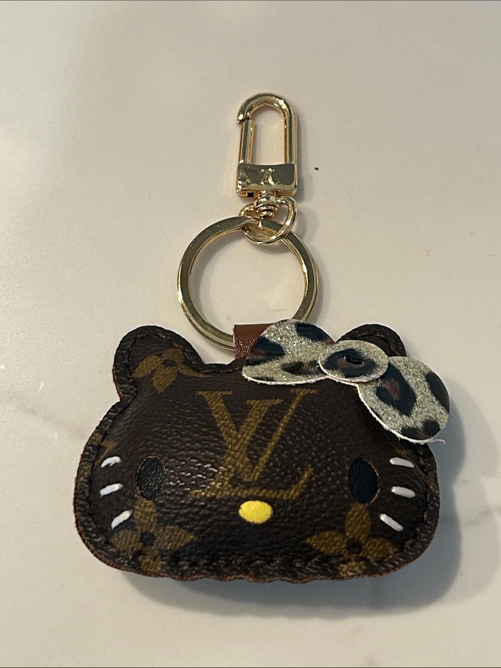 Upcycled LV Gold-Tone Brown Monogram HK Keychain Bag Charm with Leopard Bow - Picture 2 of 11